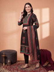 Black Printed Straight Kurta Trousers With Dupatta Set