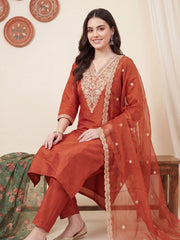 Rust Embroidered Straight Kurta Trousers With Dupatta Set