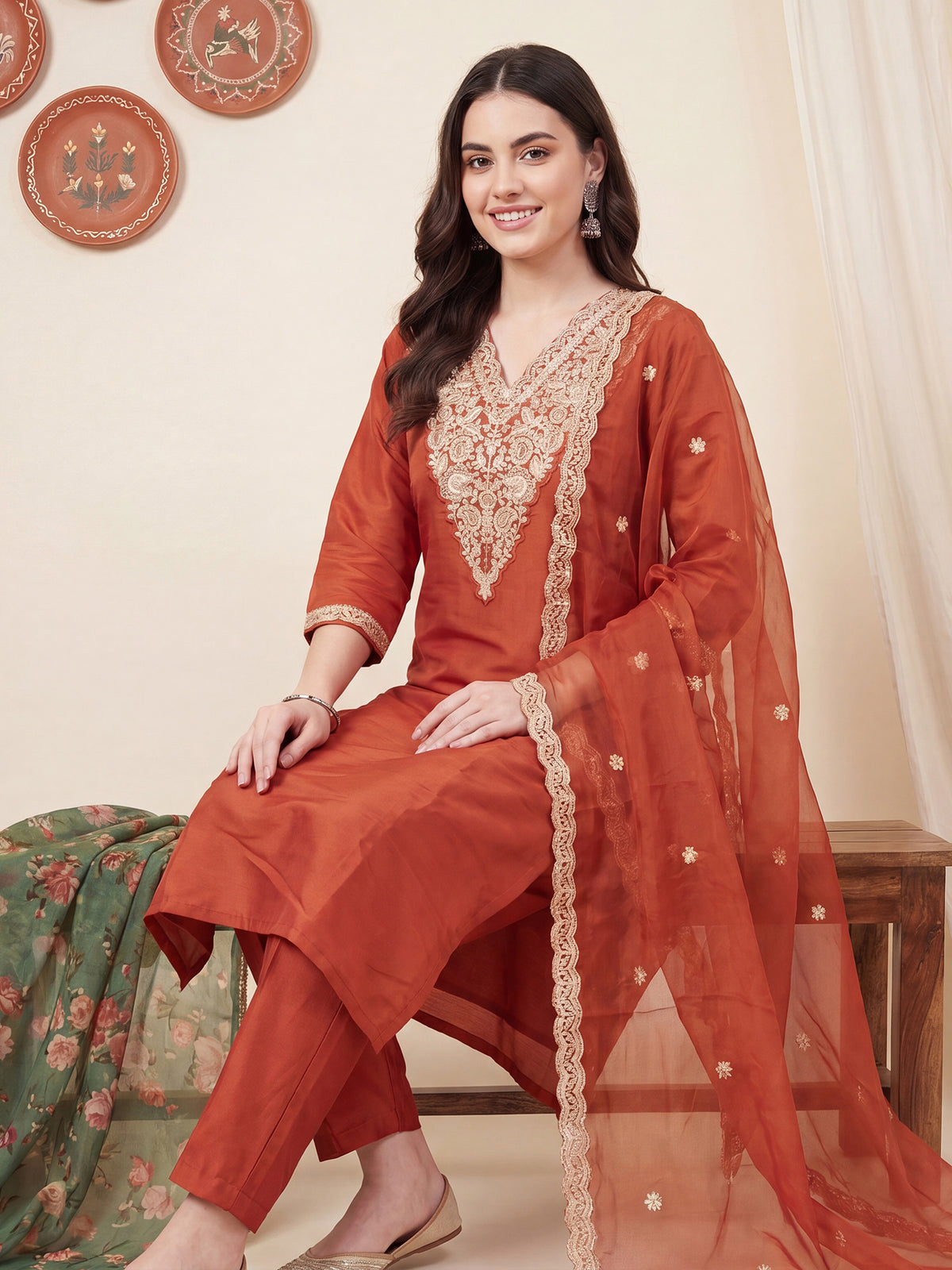 Rust Embroidered Straight Kurta Trousers With Dupatta Set