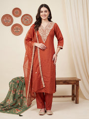 Rust Embroidered Straight Kurta Trousers With Dupatta Set