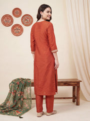Rust Embroidered Straight Kurta Trousers With Dupatta Set
