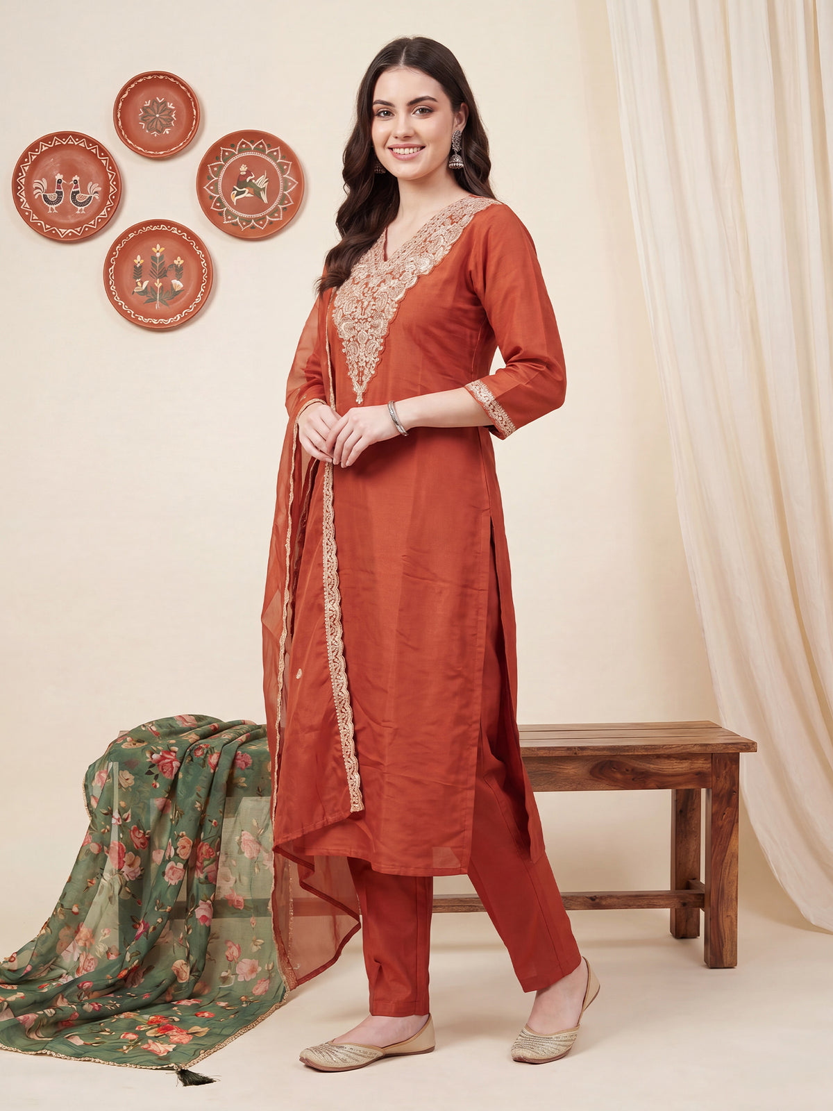 Rust Embroidered Straight Kurta Trousers With Dupatta Set