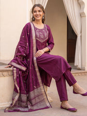 Burgundy Embroidered Straight Kurta Trousers With Dupatta Set