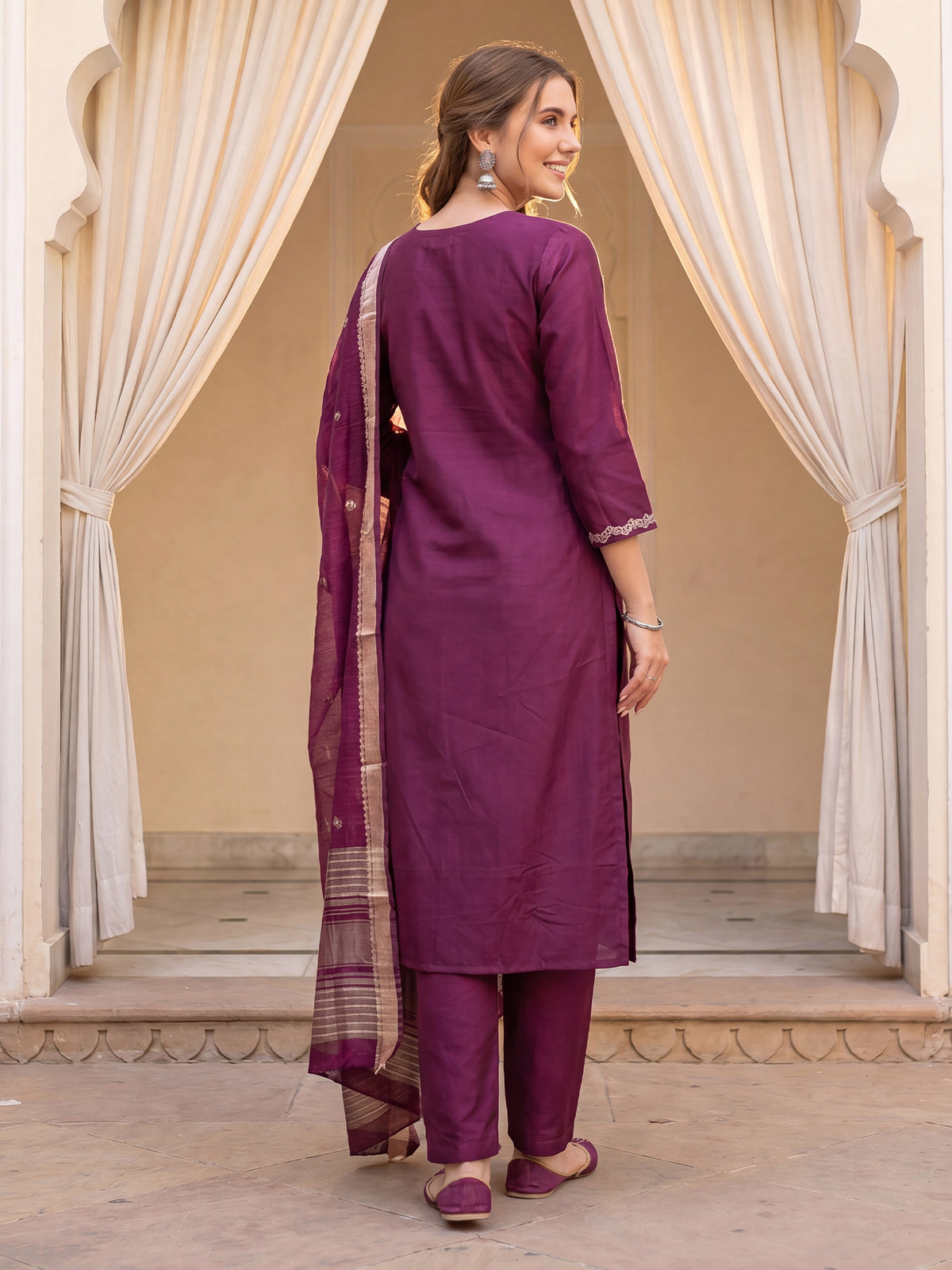Burgundy Embroidered Straight Kurta Trousers With Dupatta Set