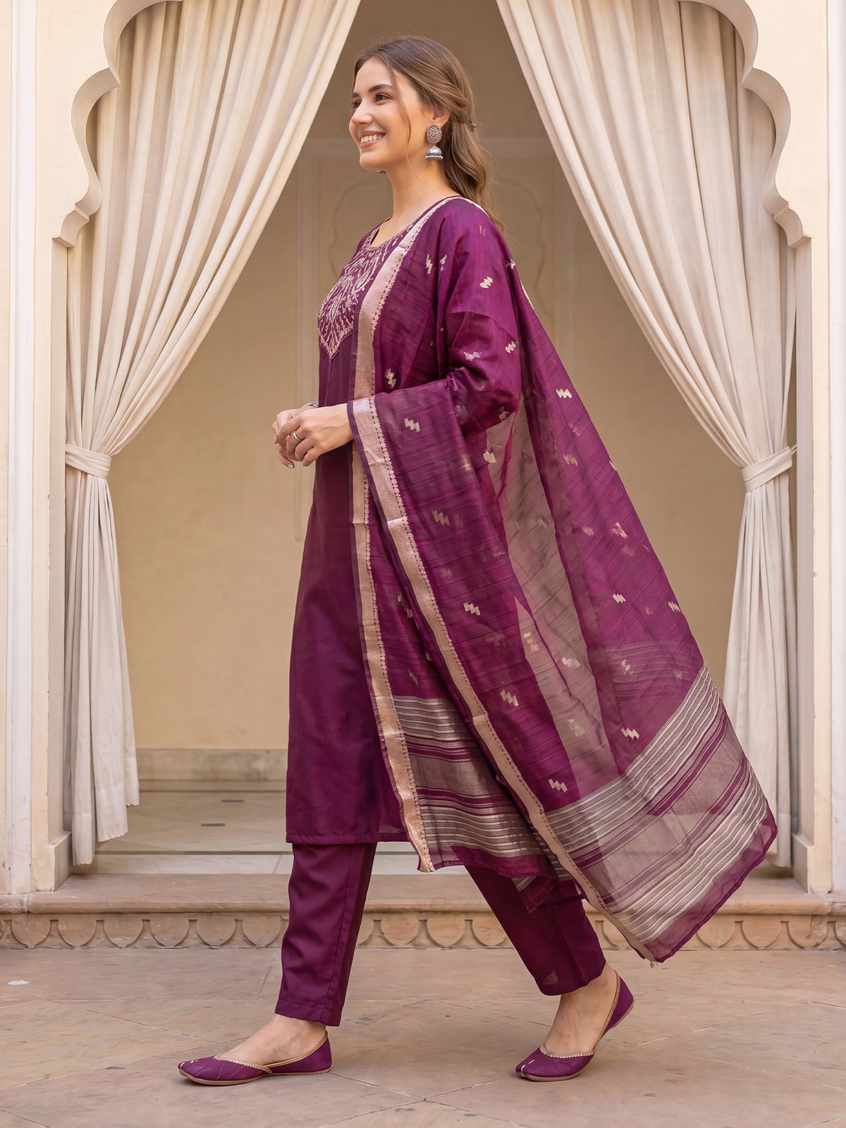 Burgundy Embroidered Straight Kurta Trousers With Dupatta Set