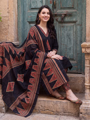 Black Printed Straight Kurta Trousers With Dupatta Set