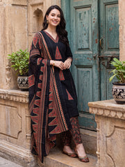 Black Printed Straight Kurta Trousers With Dupatta Set