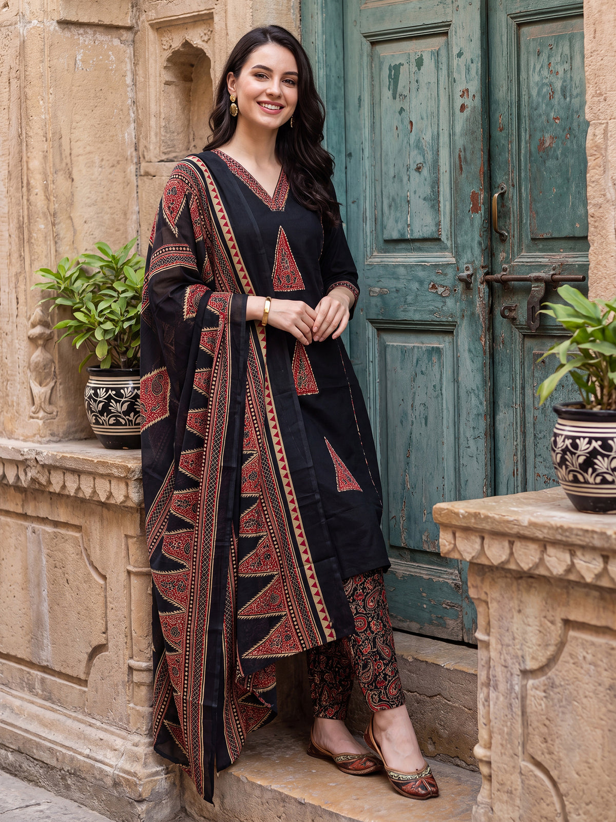 Black Printed Straight Kurta Trousers With Dupatta Set