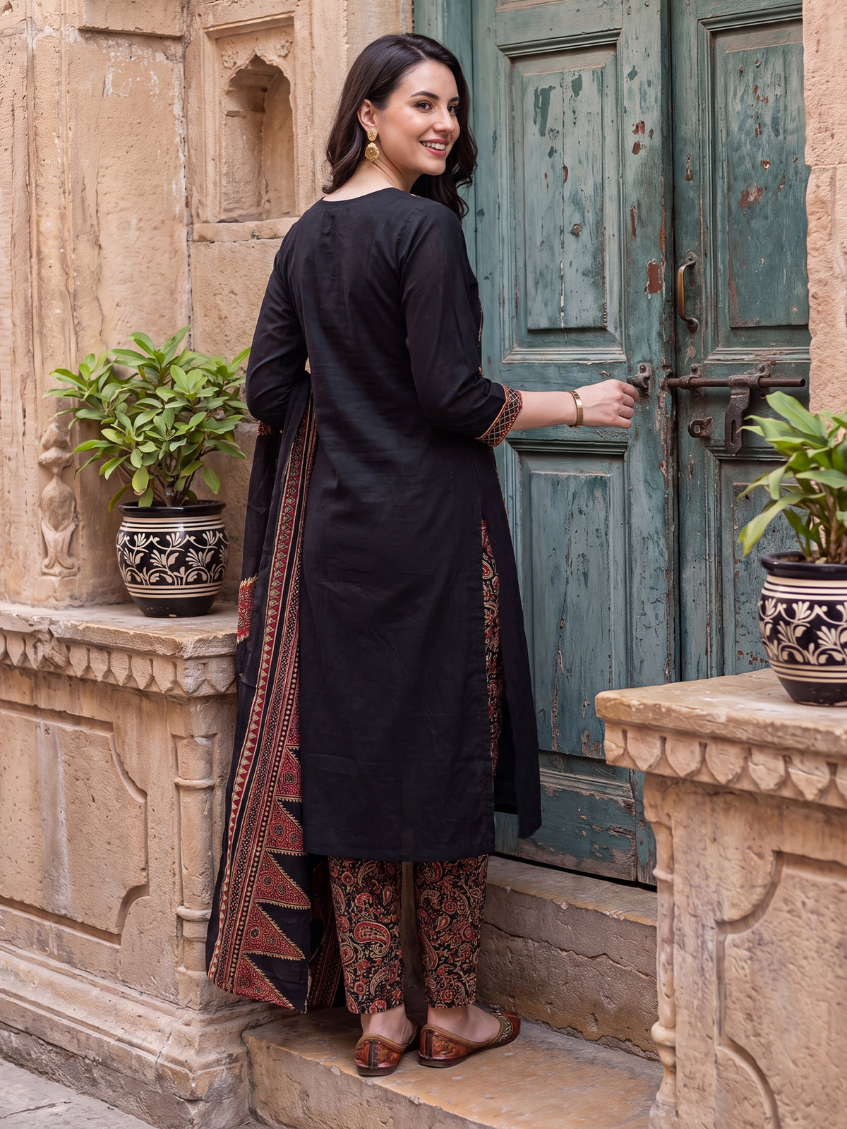 Black Printed Straight Kurta Trousers With Dupatta Set