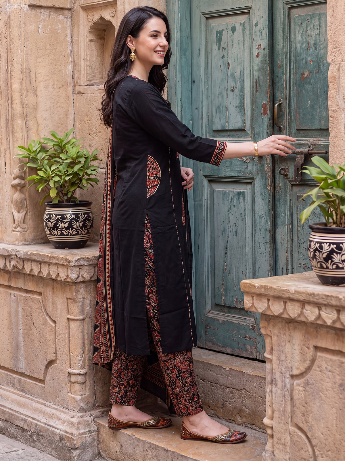 Black Printed Straight Kurta Trousers With Dupatta Set