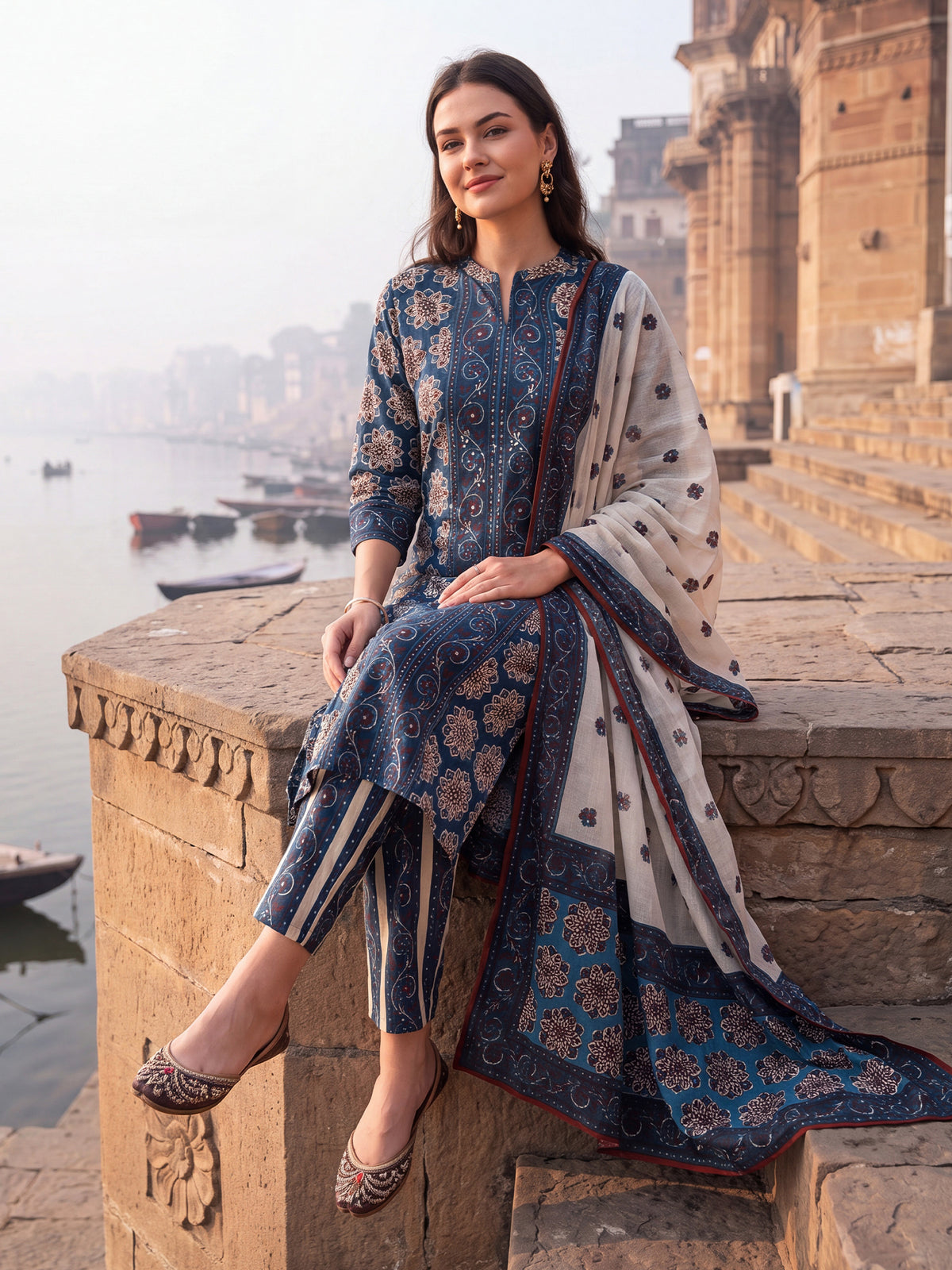 Blue Printed Straight Kurta Trousers With Dupatta Set