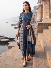 Blue Printed Straight Kurta Trousers With Dupatta Set