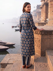 Blue Printed Straight Kurta Trousers With Dupatta Set