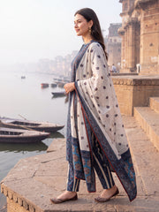 Blue Printed Straight Kurta Trousers With Dupatta Set