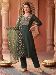 Green Embroidered Straight Kurta Trousers With Dupatta Set