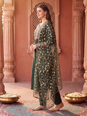 Green Embroidered Straight Kurta Trousers With Dupatta Set