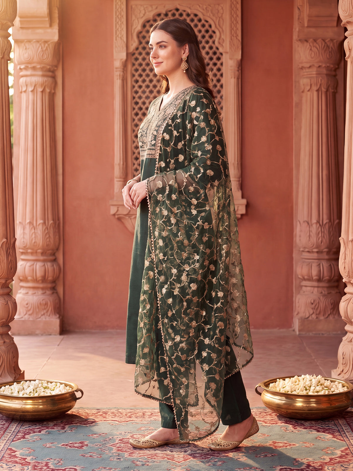 Green Embroidered Straight Kurta Trousers With Dupatta Set