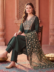 Green Embroidered Straight Kurta Trousers With Dupatta Set