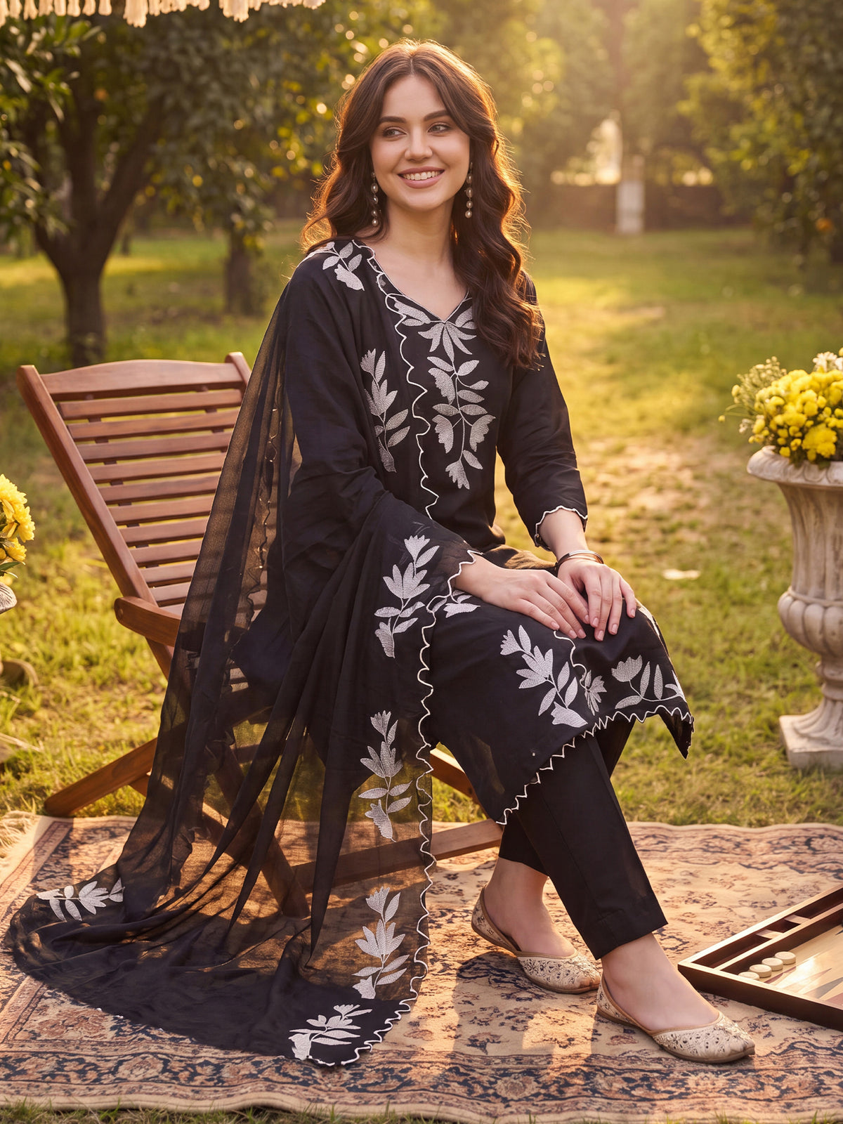 Black Embroidered Straight Kurta Trousers With Dupatta Set