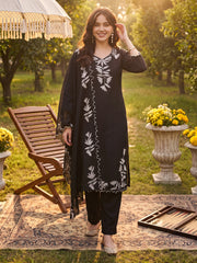 Black Embroidered Straight Kurta Trousers With Dupatta Set