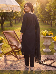 Black Embroidered Straight Kurta Trousers With Dupatta Set