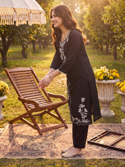 Black Embroidered Straight Kurta Trousers With Dupatta Set