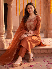 Rust Embroidered Straight Kurta Trousers With Dupatta Set