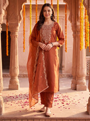 Rust Embroidered Straight Kurta Trousers With Dupatta Set