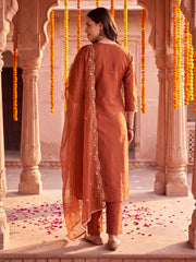 Rust Embroidered Straight Kurta Trousers With Dupatta Set