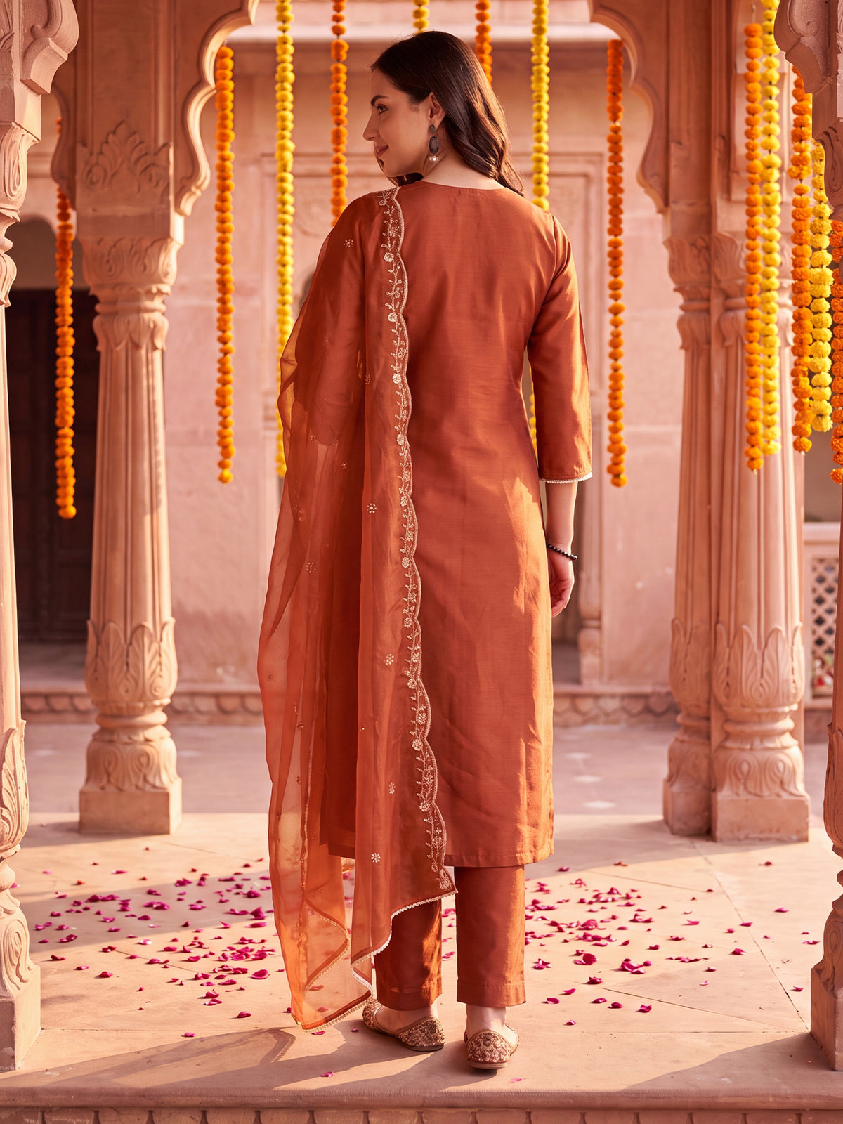 Rust Embroidered Straight Kurta Trousers With Dupatta Set