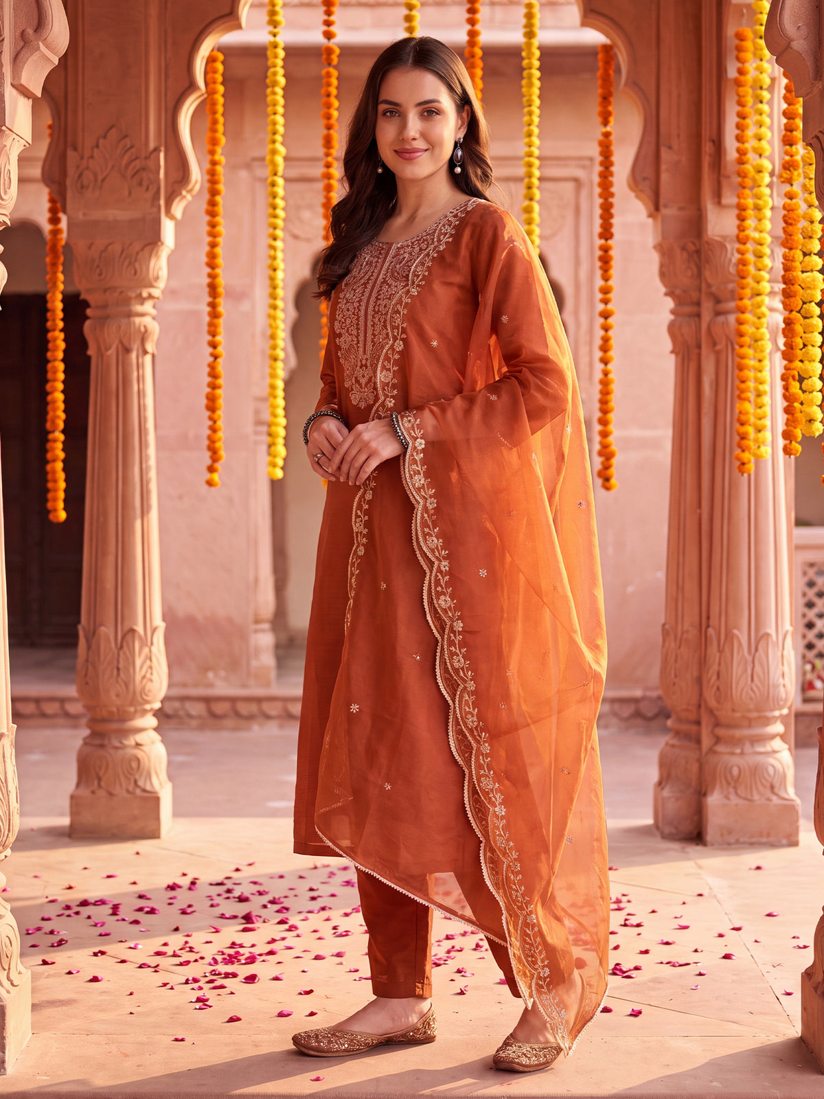Rust Embroidered Straight Kurta Trousers With Dupatta Set