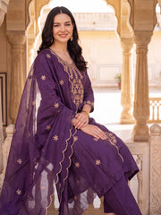 Purple Embroidered Straight Kurta Trousers With Dupatta Set