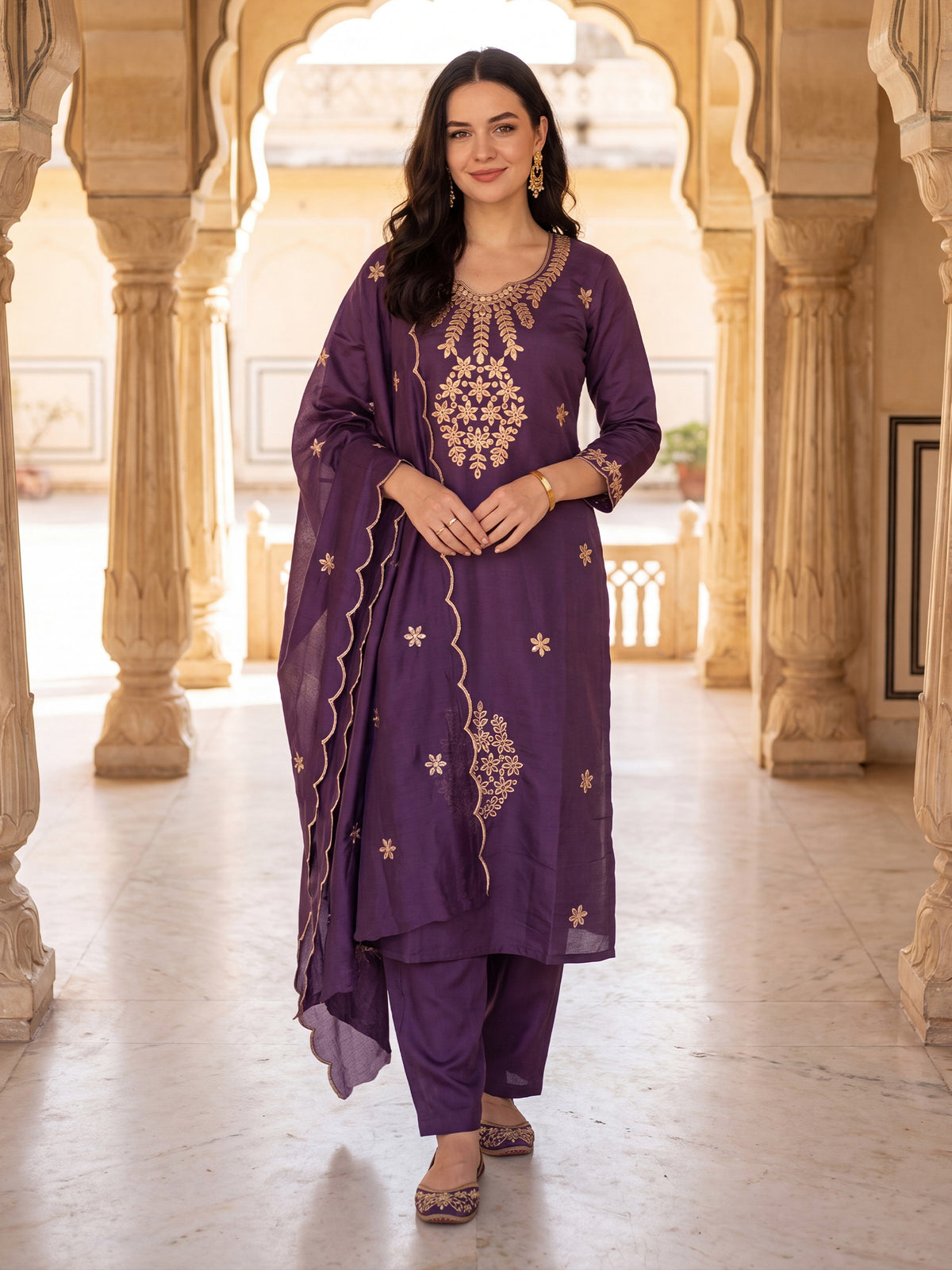 Purple Embroidered Straight Kurta Trousers With Dupatta Set