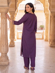 Purple Embroidered Straight Kurta Trousers With Dupatta Set