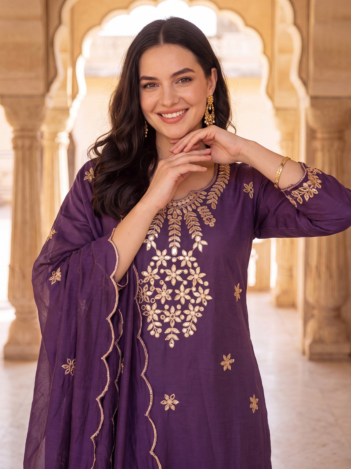 Purple Embroidered Straight Kurta Trousers With Dupatta Set