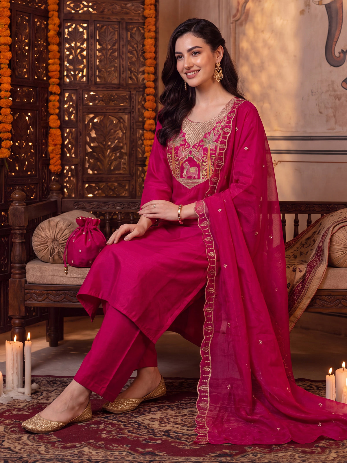 Pink Embroidered Straight Kurta Trousers With Dupatta Set
