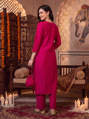 Pink Embroidered Straight Kurta Trousers With Dupatta Set