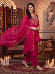 Pink Embroidered Straight Kurta Trousers With Dupatta Set