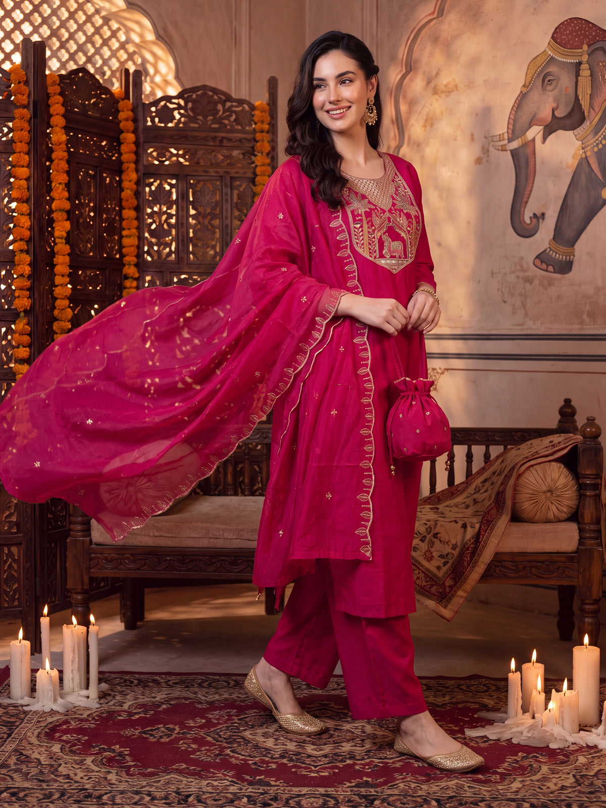 Pink Embroidered Straight Kurta Trousers With Dupatta Set