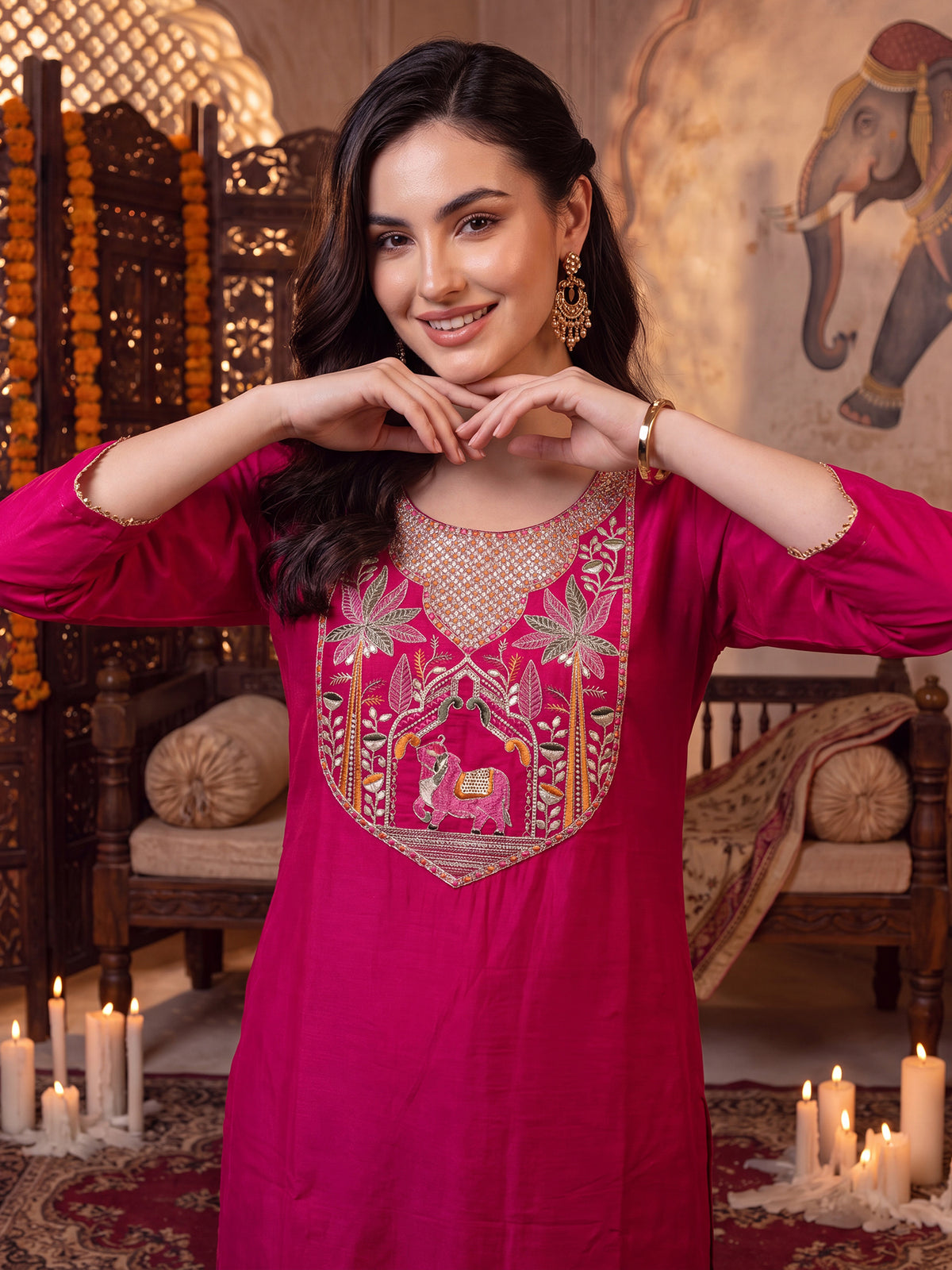Pink Embroidered Straight Kurta Trousers With Dupatta Set