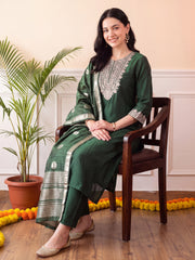 Green Embroidered Straight Kurta Trousers With Dupatta Set