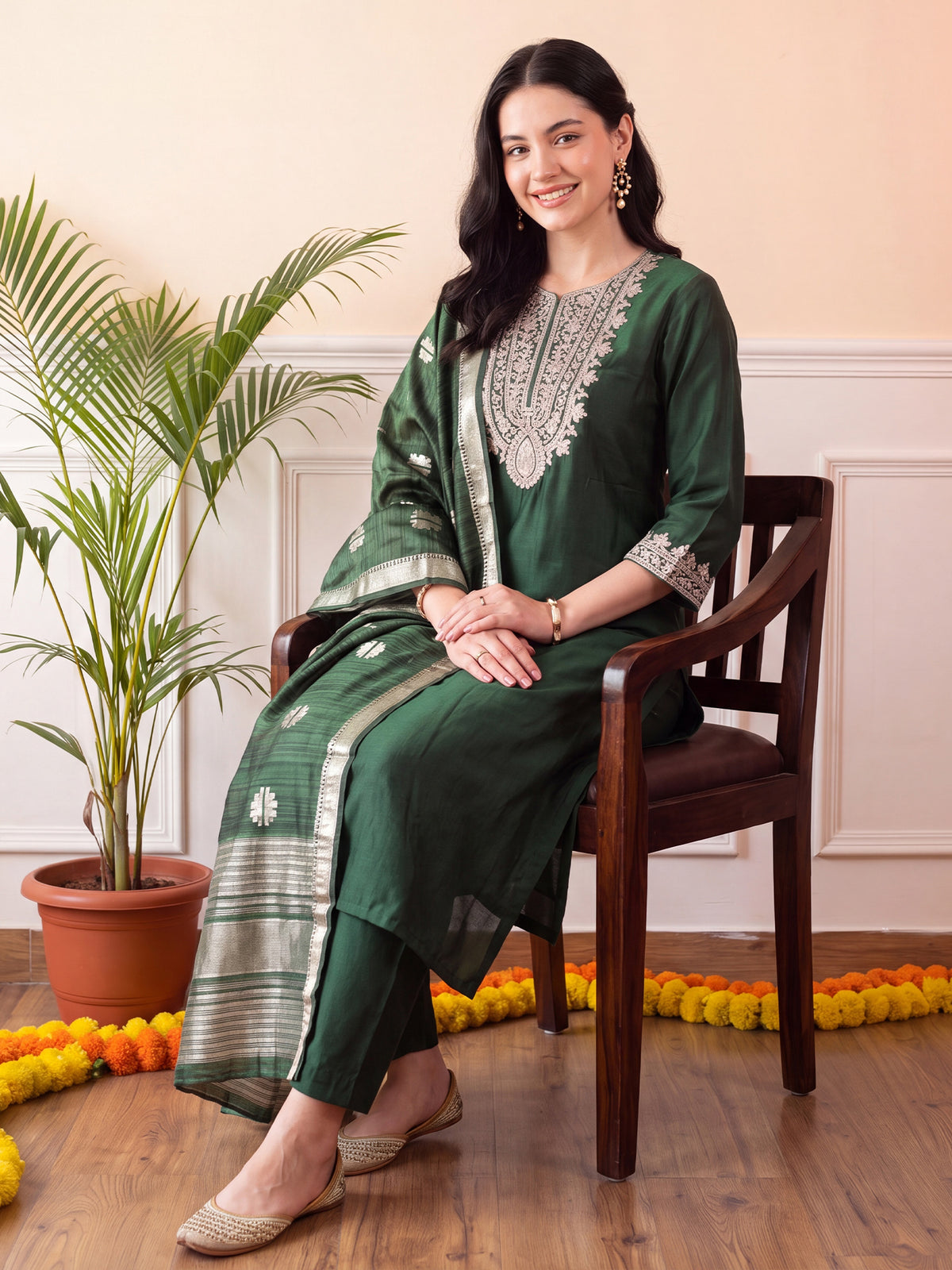 Green Embroidered Straight Kurta Trousers With Dupatta Set