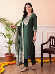 Green Embroidered Straight Kurta Trousers With Dupatta Set