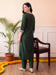 Green Embroidered Straight Kurta Trousers With Dupatta Set