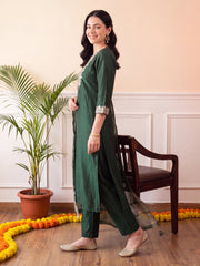 Green Embroidered Straight Kurta Trousers With Dupatta Set