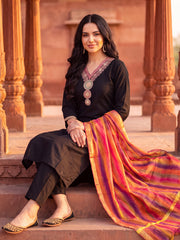 Black Embroidered Straight Kurta Trousers With Dupatta Set