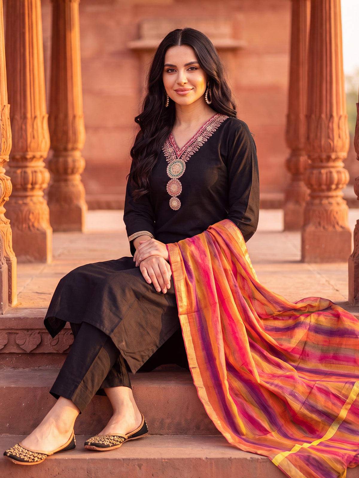 Black Embroidered Straight Kurta Trousers With Dupatta Set