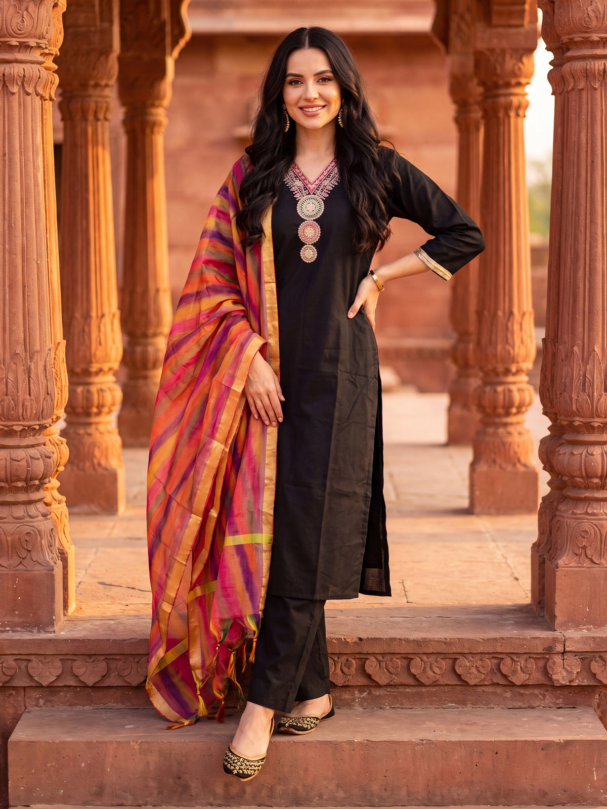 Black Embroidered Straight Kurta Trousers With Dupatta Set
