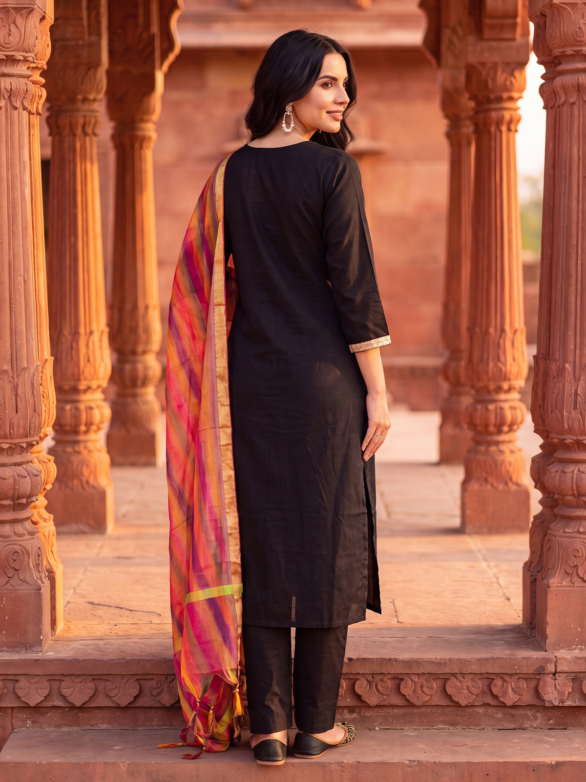 Black Embroidered Straight Kurta Trousers With Dupatta Set