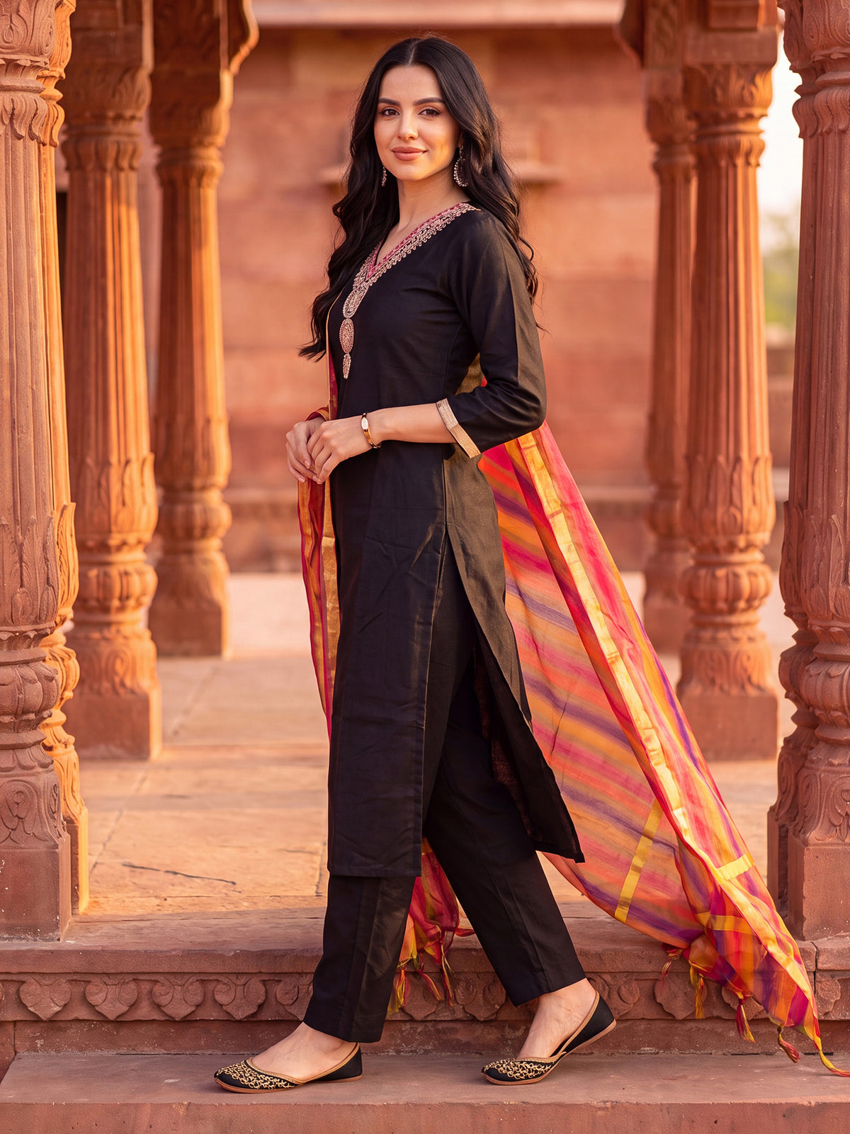 Black Embroidered Straight Kurta Trousers With Dupatta Set